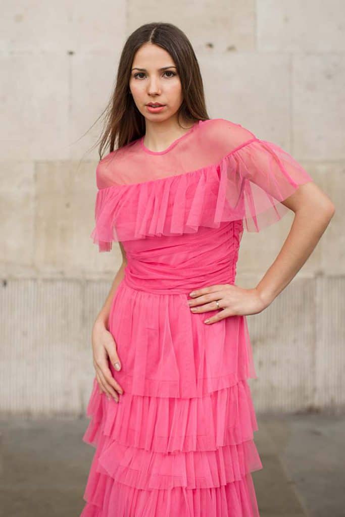 girl-in-pink-tulle-dress-fashion-glamour-beauty-look-location-shoot-distressed-wall-coloured-stone-covent-garden-kensington-london